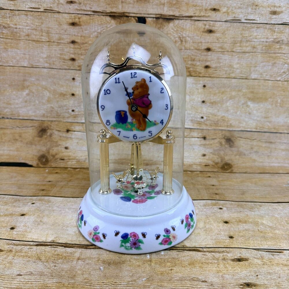 Vintage Disney Fantasma Porcelain Winnie The Pooh Anniversary Glass Dome Clock